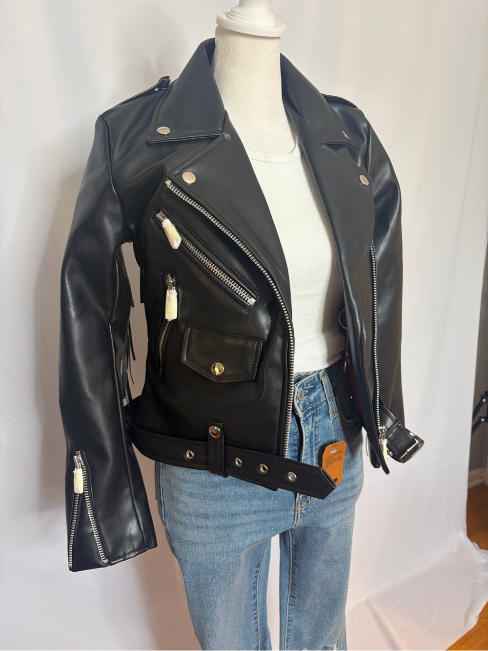 Fringe Black Fringe Faux Moto Leather Jacket with Asymmetric Zips
